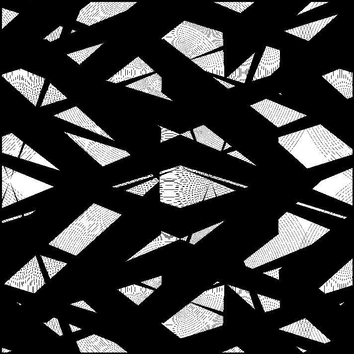 Las líneas negras se entrecruzan y se superponen a formas geométricas blancas, creando un diseño abstracto y fragmentado.