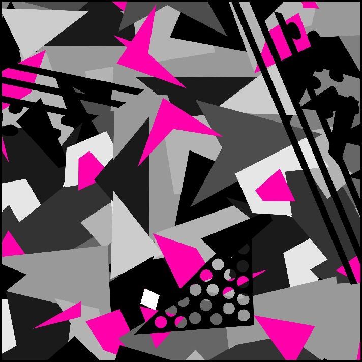 Diseño geométrico abstracto con formas rosas, grises y negras.