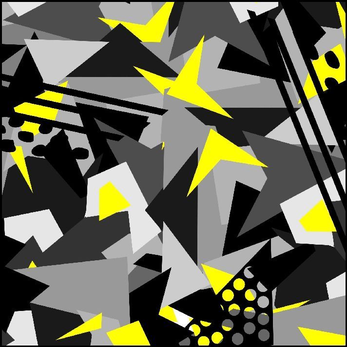 Diseño abstracto con formas geométricas superpuestas en gris, negro y amarillo.