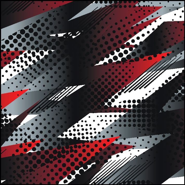 Patrón abstracto de formas irregulares de color rojo, blanco, gris y negro con puntos y líneas de semitono.