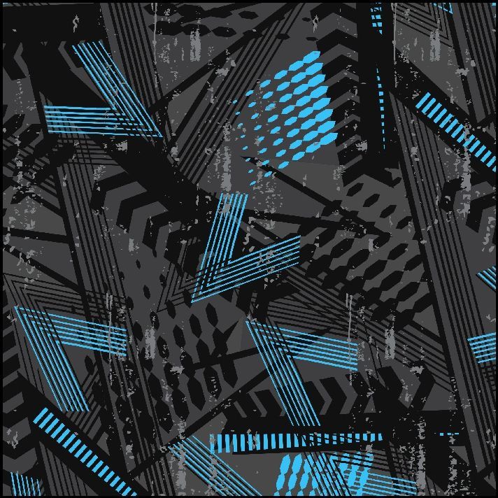 Patrón abstracto con formas geométricas negras, grises y azules sobre un fondo texturizado.