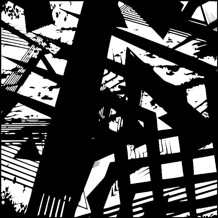 Gráfico abstracto en blanco y negro con líneas y formas que se cruzan.