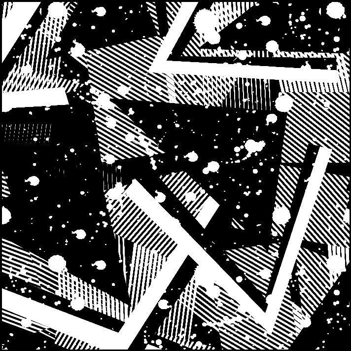 Gráfico abstracto en blanco y negro con formas superpuestas y salpicaduras.