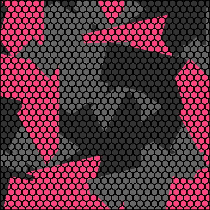 Gráfico abstracto de patrones hexagonales grises y rosas superpuestos a formas negras.