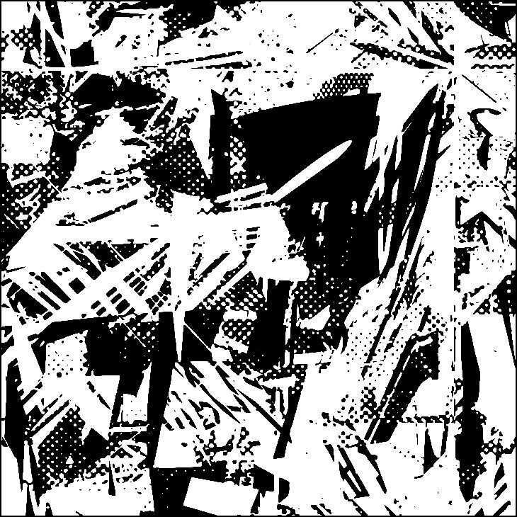 Obra de arte geométrica abstracta en blanco y negro con formas irregulares y texturas de medios tonos.