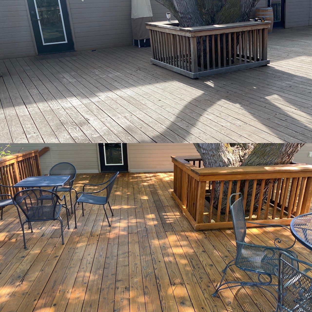 A wooden deck with tables and chairs on it