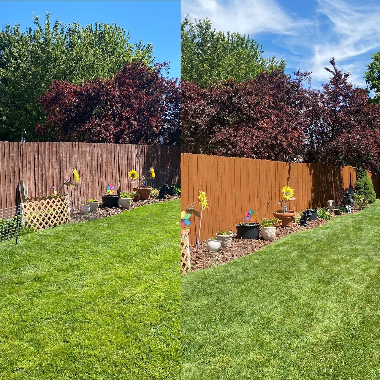 A before and after picture of a backyard with a wooden fence.