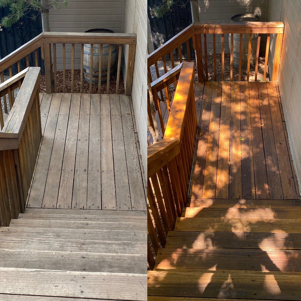 A before and after photo of a wooden deck.