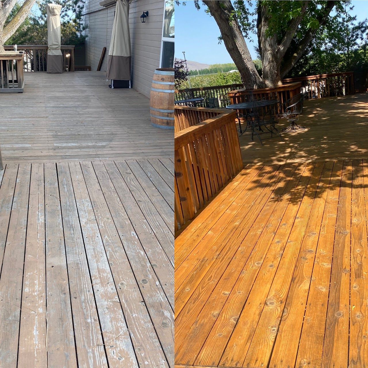 A before and after photo of a wooden deck