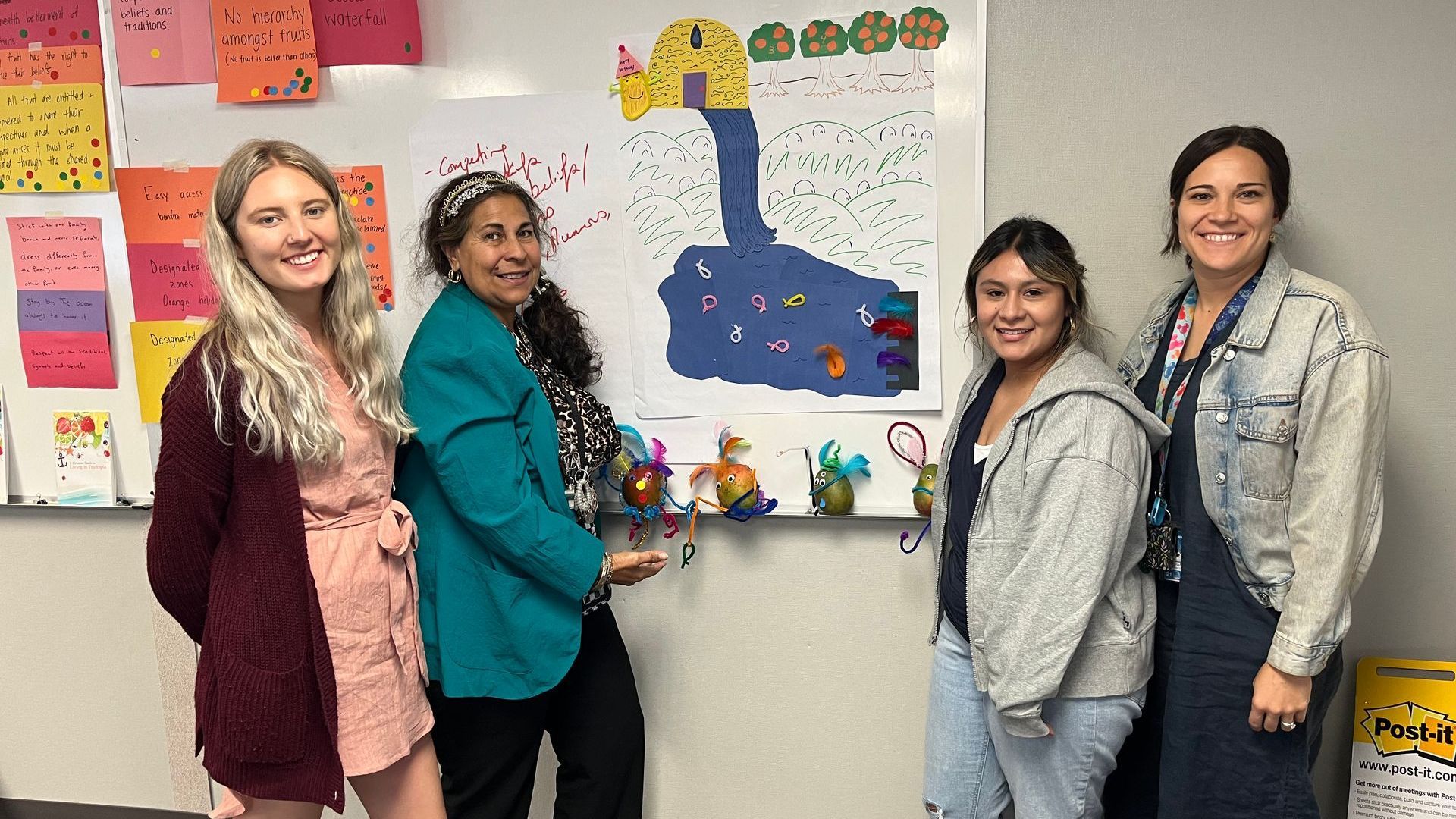 Conceptual Change Theory: A group of women are standing in front of a whiteboard with a picture of a duck on it.