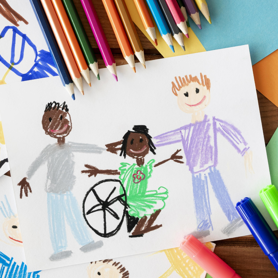 Diversity and Inclusion photo drawn by a child,  with one person in a wheel chair.