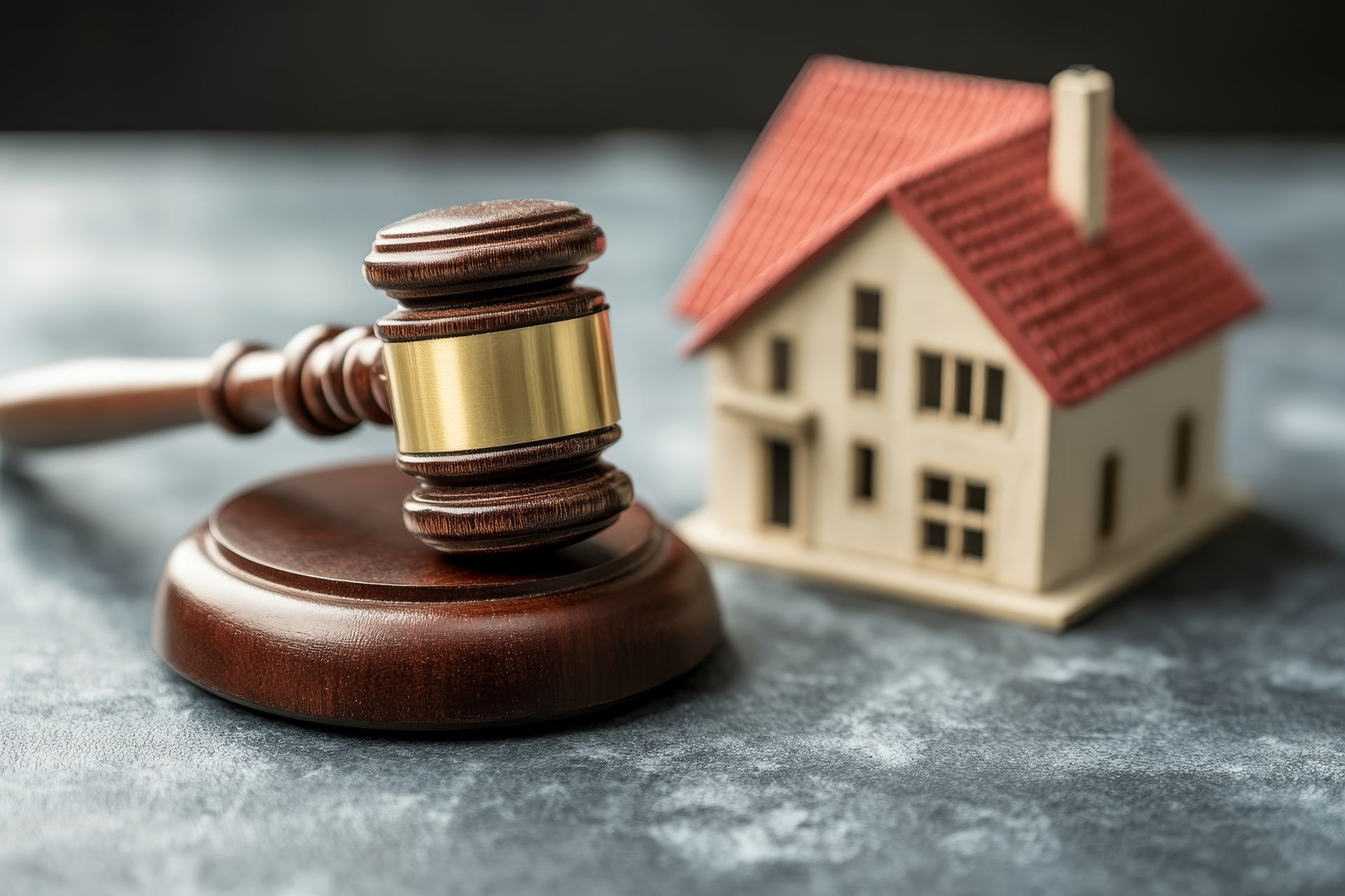 A wooden gavel is sitting next to a model house on a table.