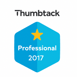 A blue badge with a yellow star that says thumbtack professional 2017