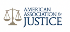 The logo for the american association for justice has a scale of justice on it.