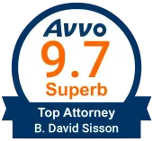 A badge that says avvo 9.7 superb top attorney b. david sisson
