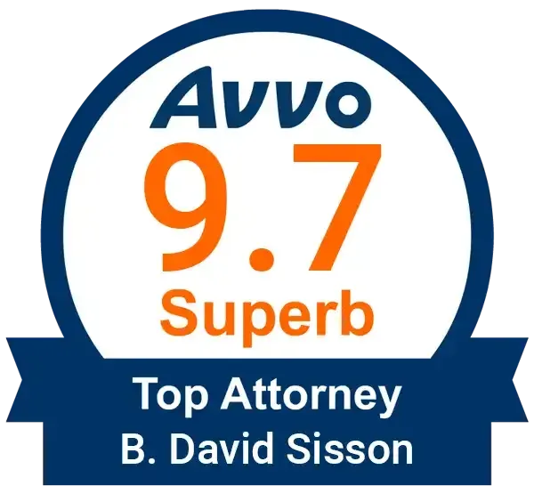 A badge that says avvo 9.7 superb top attorney b. david sisson