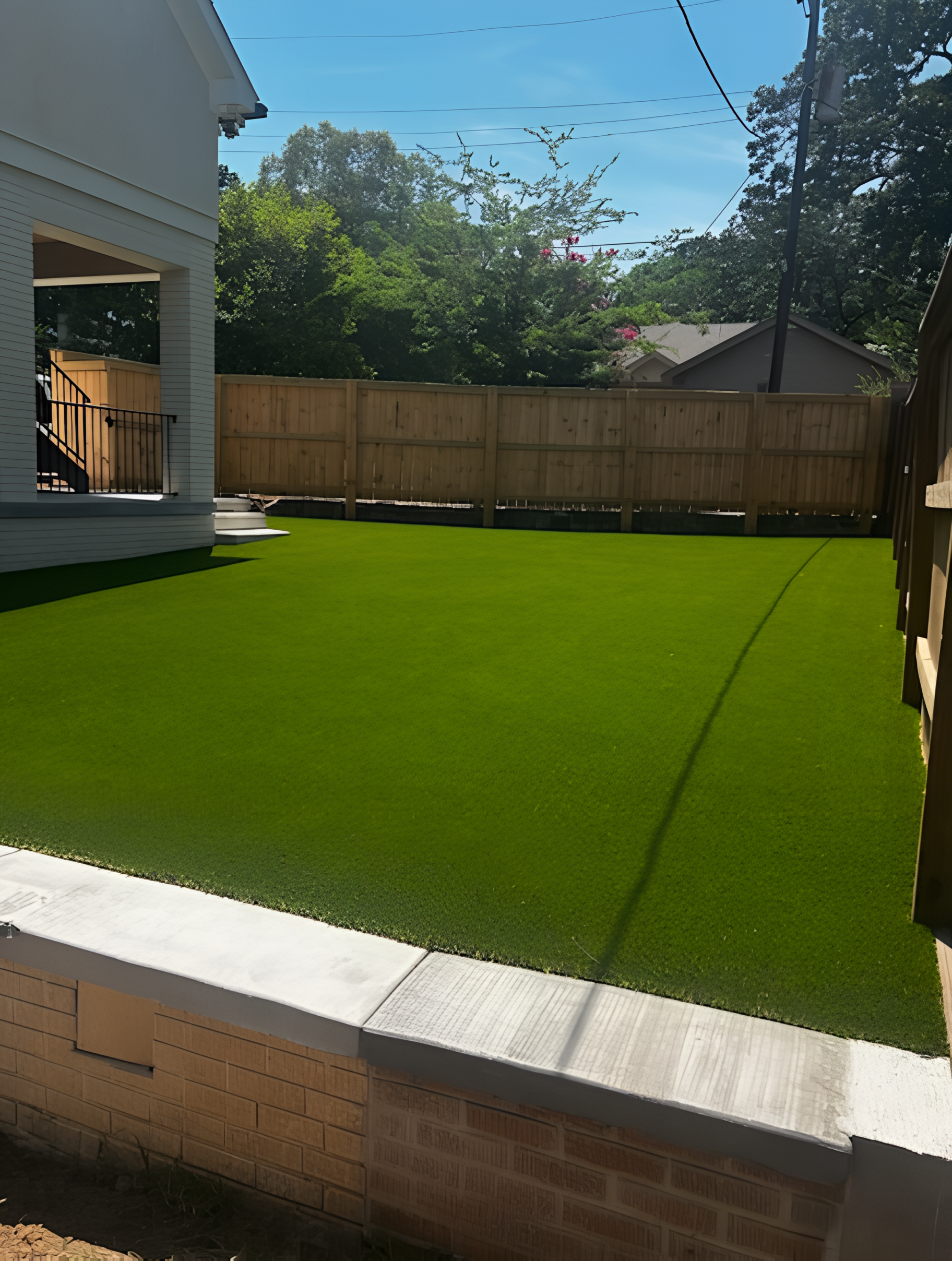 A backyard with a large lawn and a wooden fence