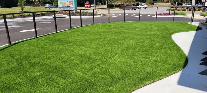 A lush green lawn with a fence in the background.