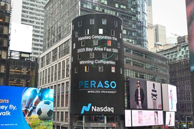 The Nasdaq cylindrical billboard in Times Square displays a congratulatory message for Peraso, a Nasdaq-listed company.