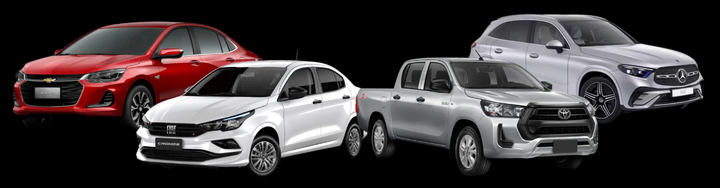 um grupo de carros está sentado um ao lado do outro em um fundo branco com a Logo Marca da Grupo Open Seminovos