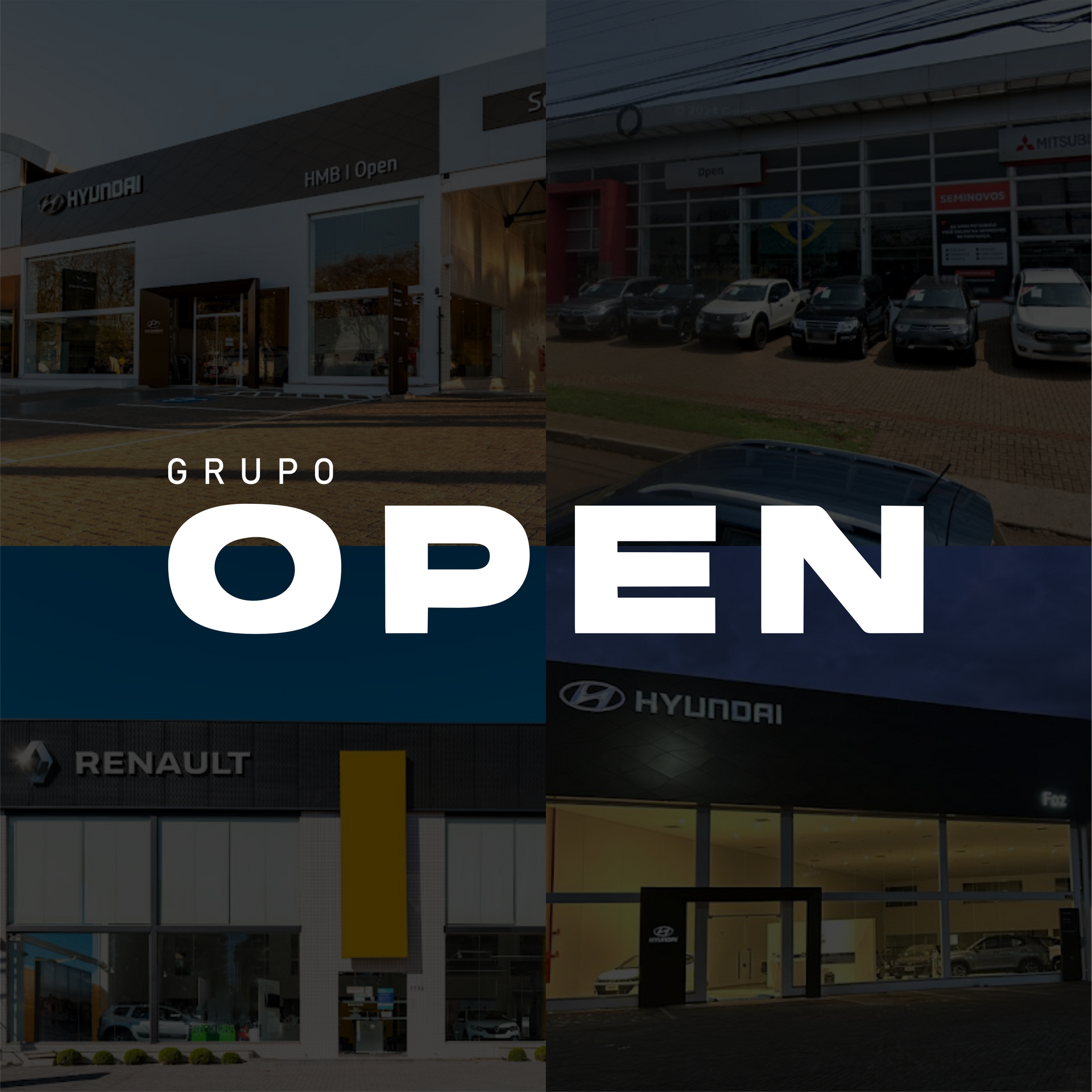 um grupo de carros está estacionado em frente a um prédiocom a logo da Grupo Open