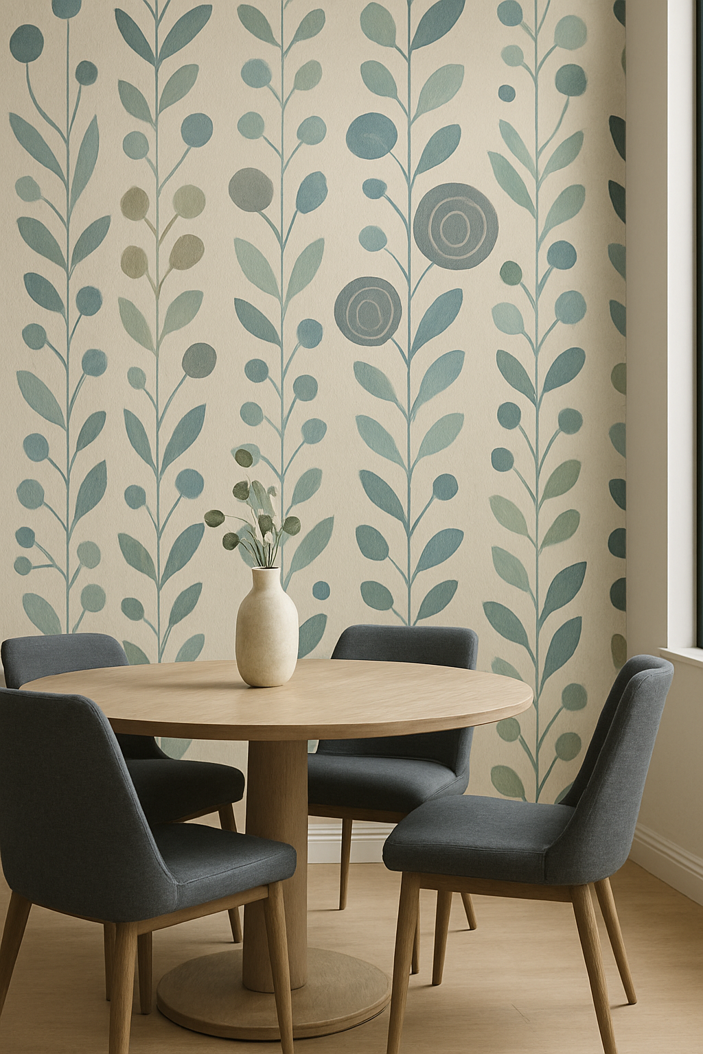 Papel pintado decorativo instalado en comedor