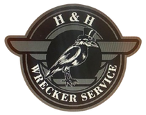 A logo for H & H Wrecker Service with a bird in a top hat