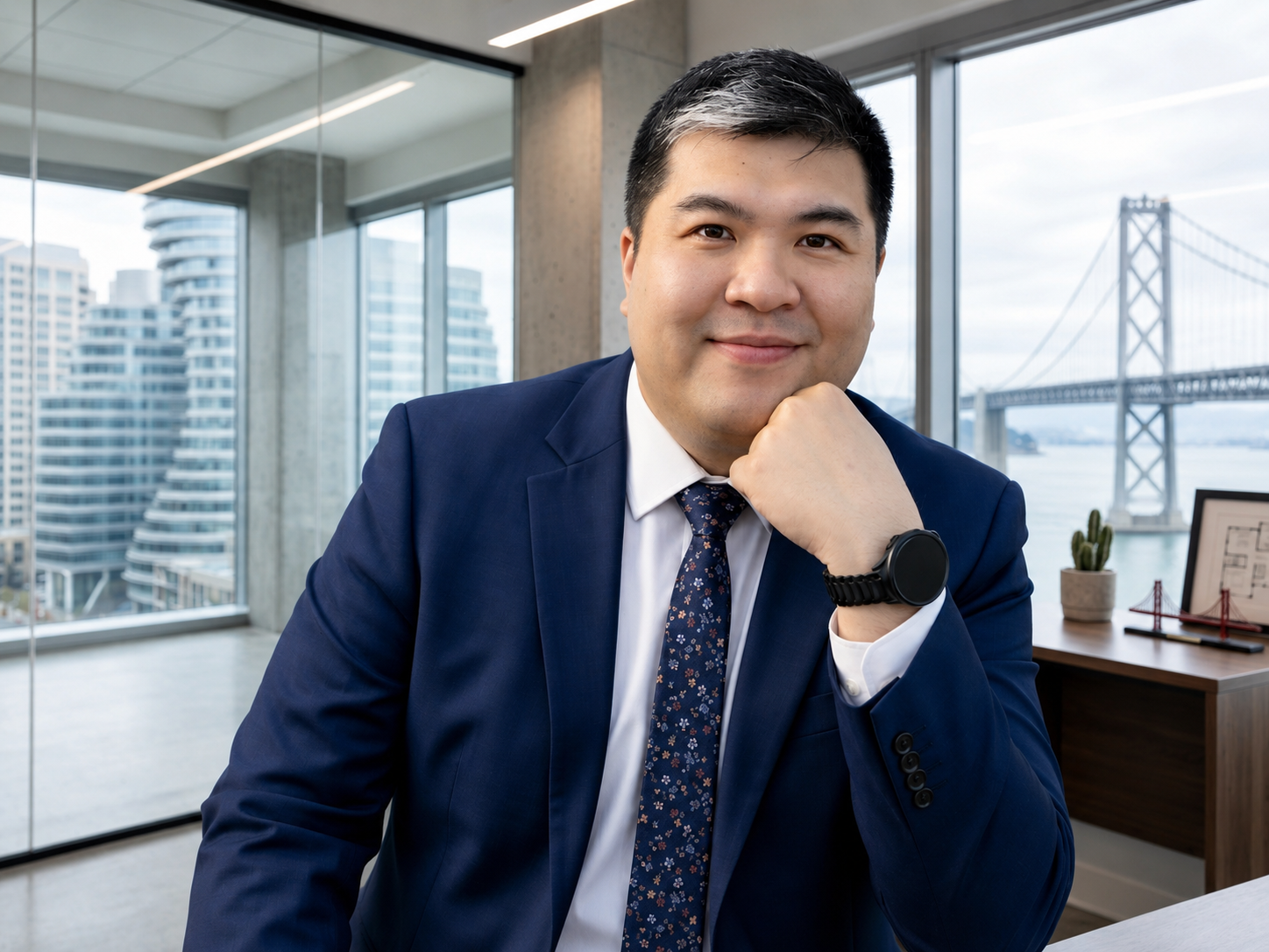 Man in a navy suit posing in an office with city and bridge views