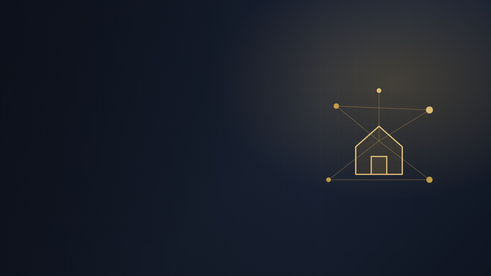 Minimal gold house icon with connected nodes on a dark blue background