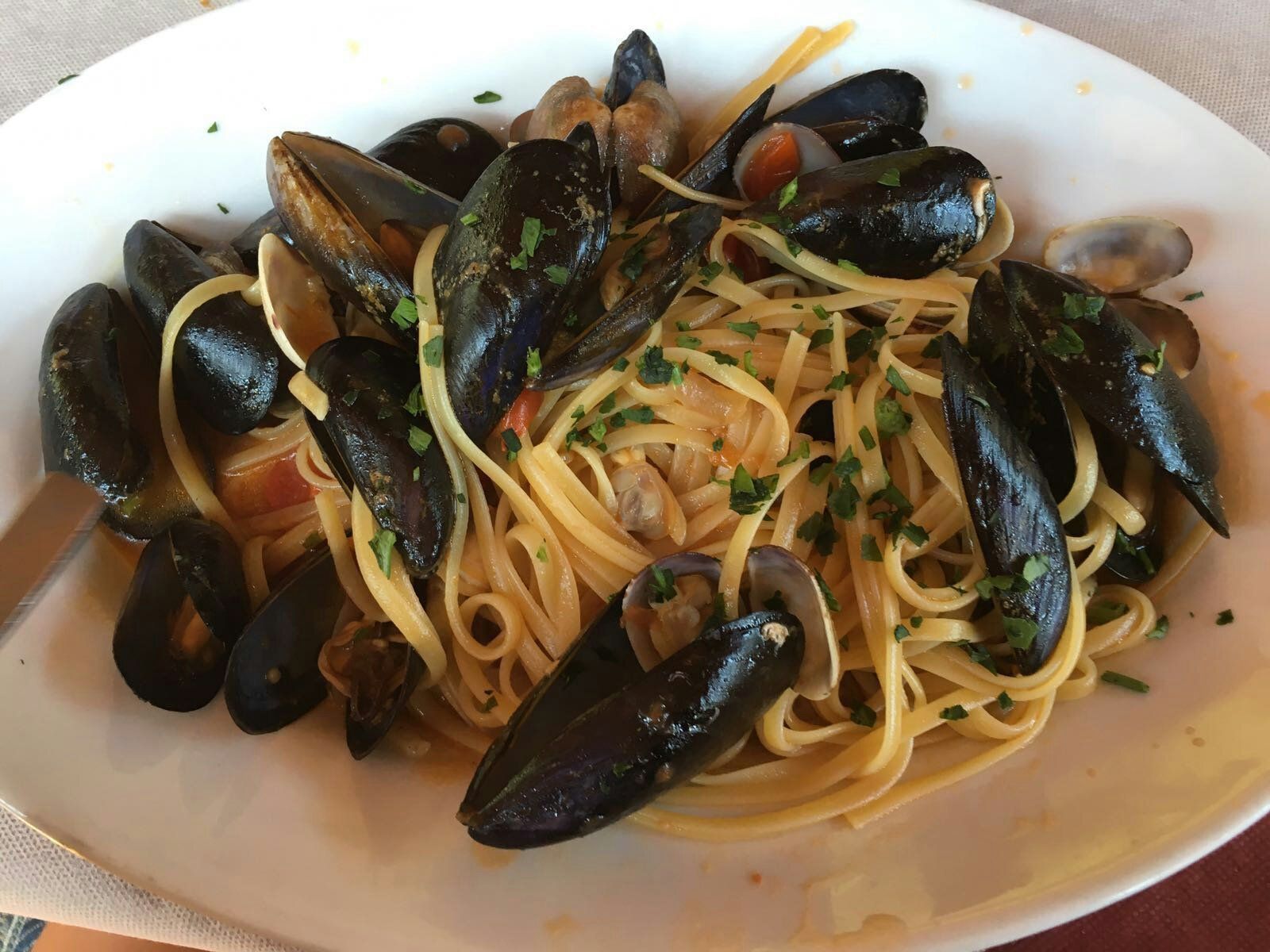 Un piatto bianco con sopra spaghetti cozze e vongole