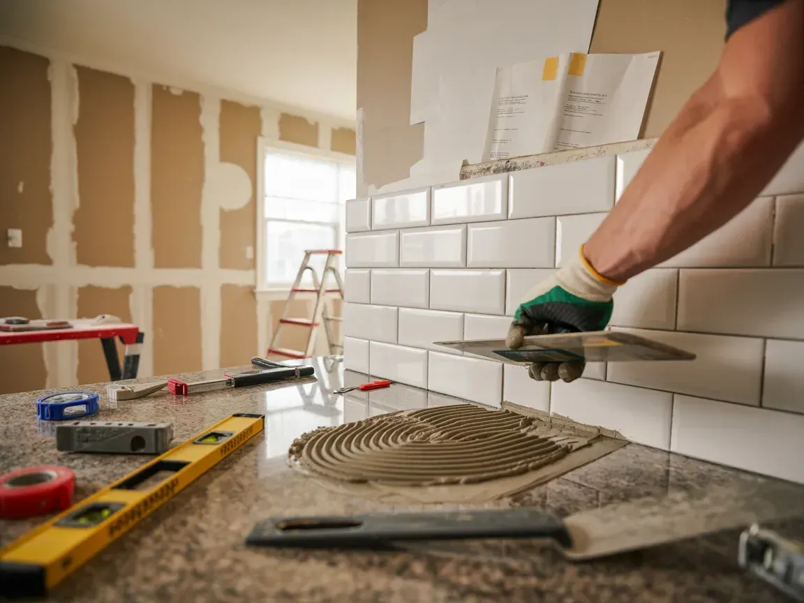 Hand trowel spreading adhesive on a kitchen wall during tile installation, with tools on the counter.