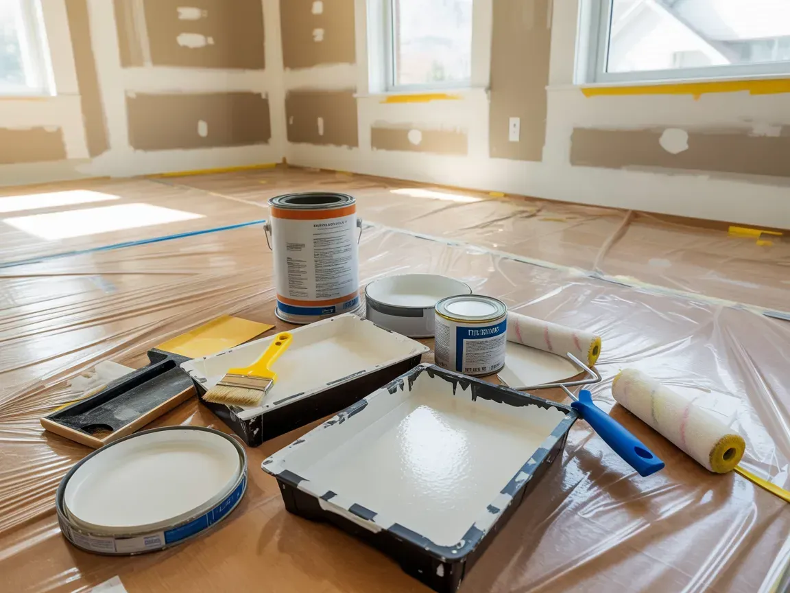 Painting supplies on a covered floor in a room under renovation.