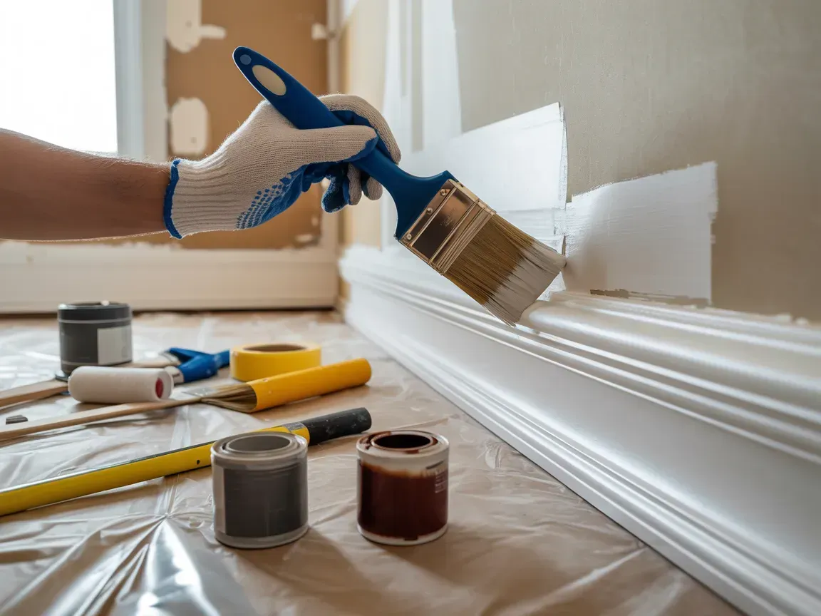 Gloved hand painting white trim with a brush beside paint cans and tools on a drop cloth