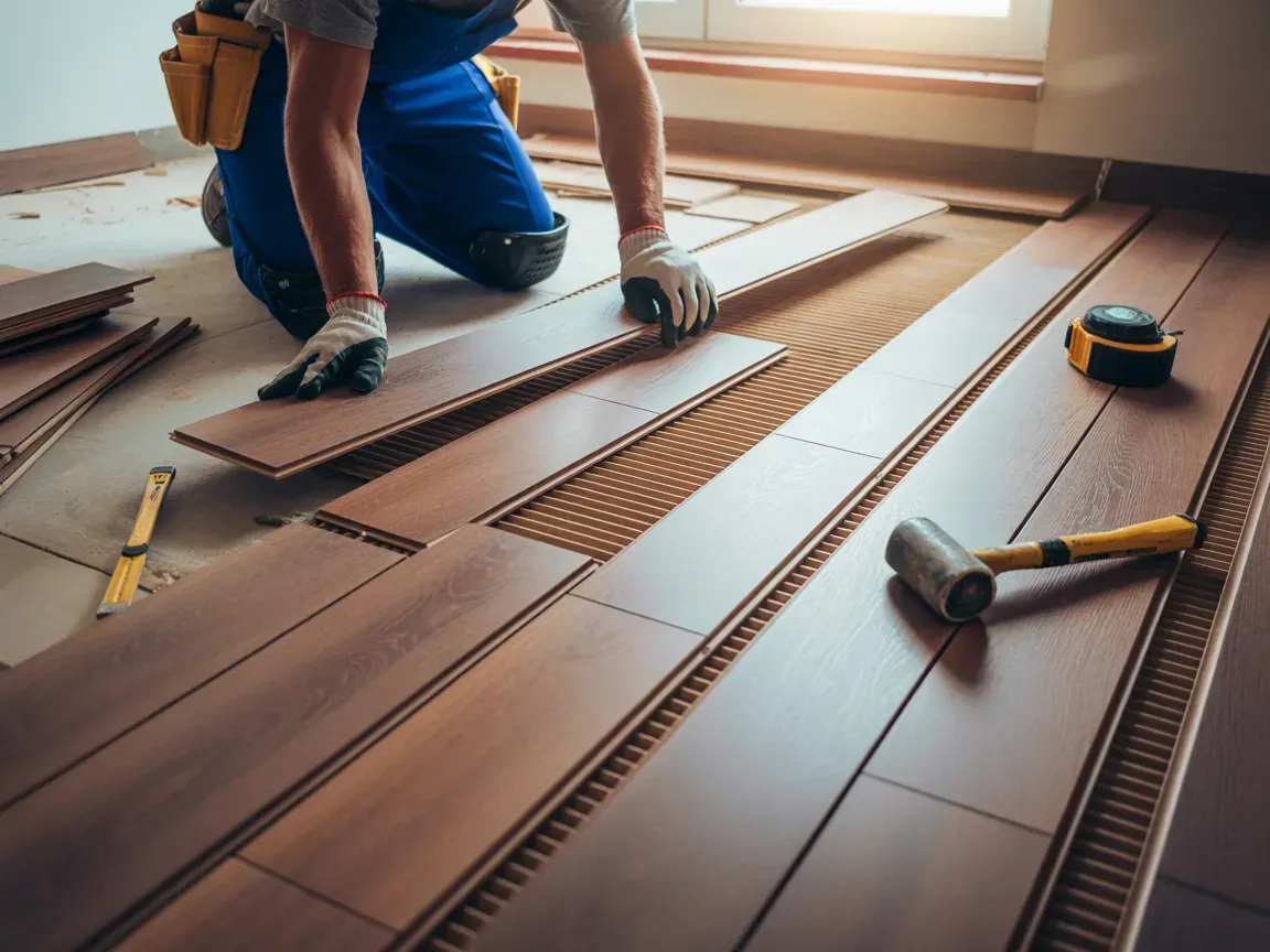 Person installing brown hardwood flooring with tools in a sunlit room