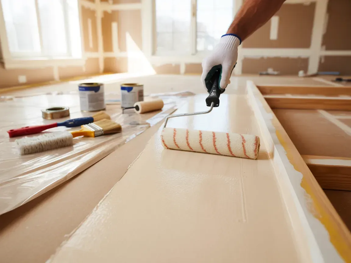 Person painting a wooden surface with a roller beside paint cans in a bright room