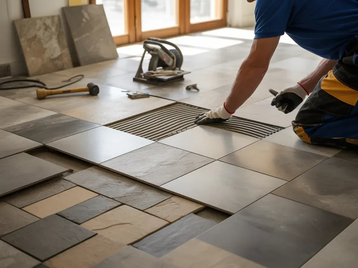 Worker installing large gray floor tiles in a bright room
