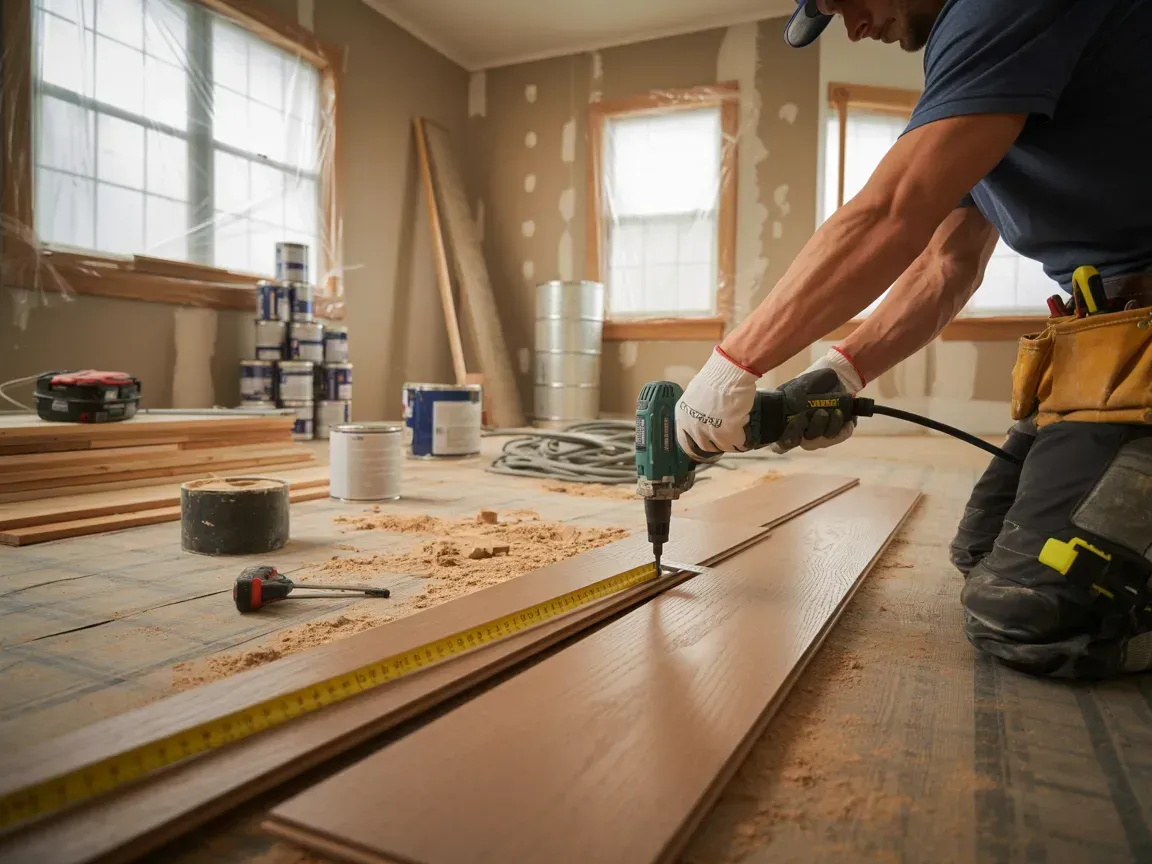 Worker measuring and cutting flooring boards with a tape measure in a home renovation room.