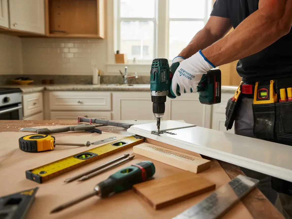 Person drilling a white board on a workbench with tools and a measuring tape in a bright kitchen
