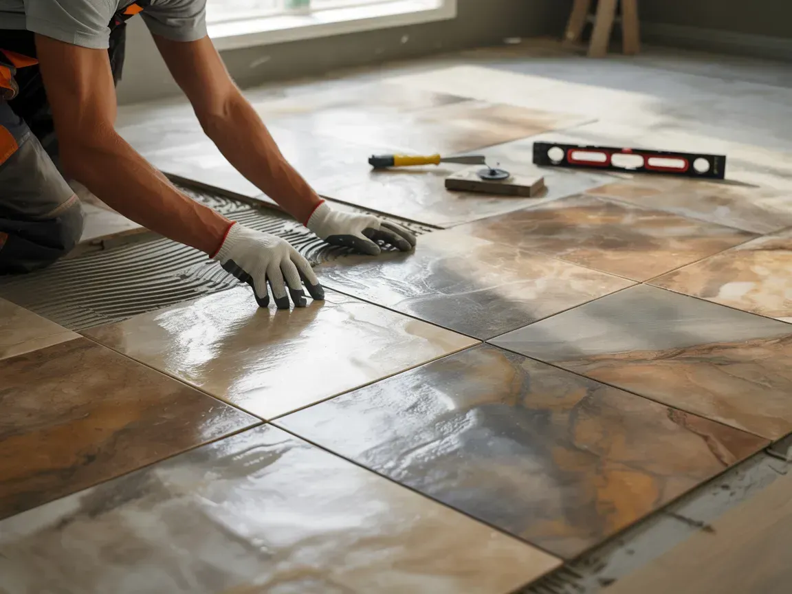 Person installing square floor tiles with tools in a sunlit room
