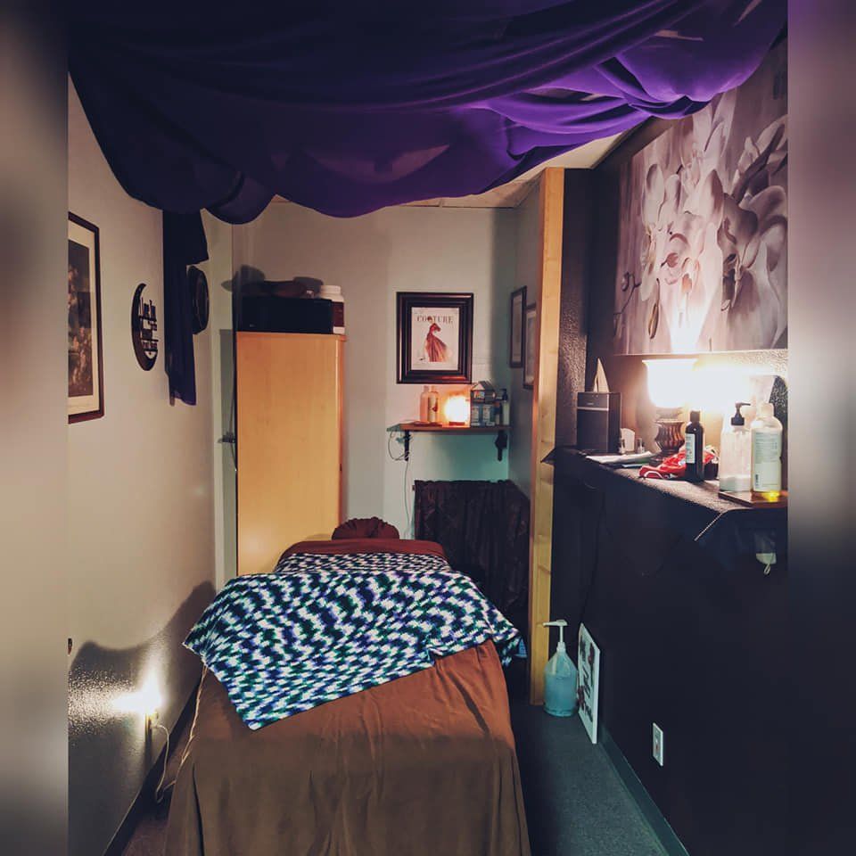 A room with a bed and a purple canopy