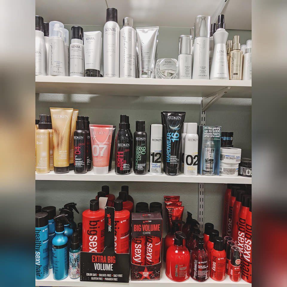 Shelves of hair products.