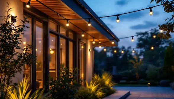 Modern house patio at dusk with warm string lights, glass doors, and lush greenery