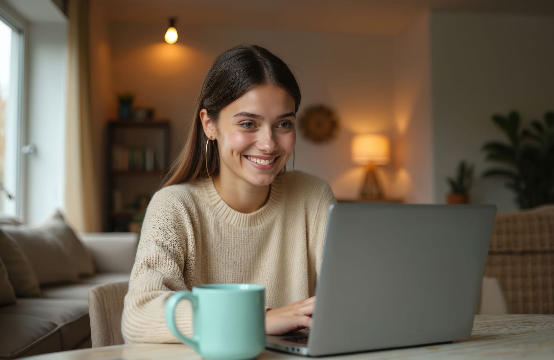 Woman smiling while working on a laptop at a table; blue mug nearby, warm-toned home interior.
