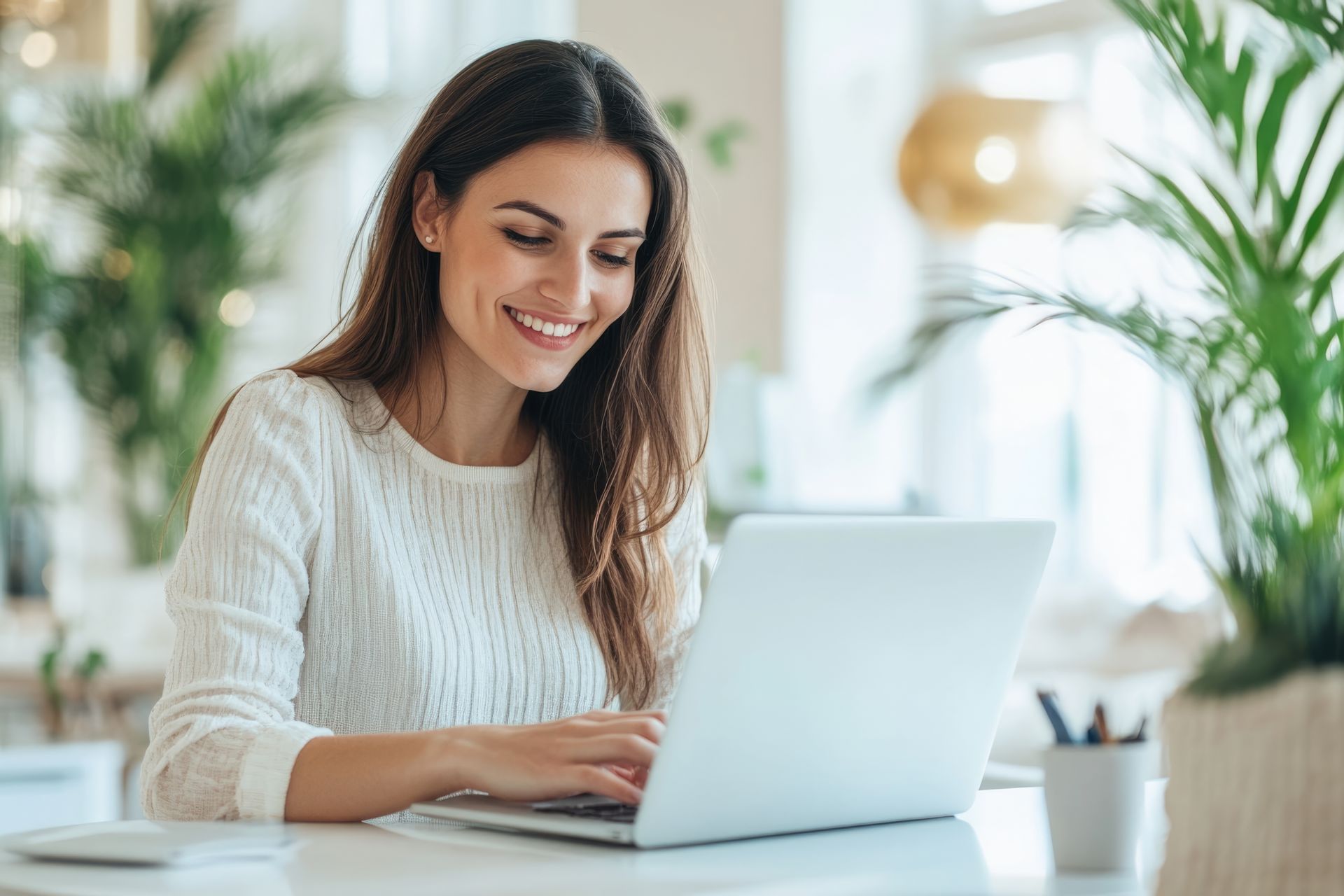 Woman smiling, typing on laptop at a desk. Bright, indoor setting.