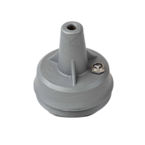 Um objeto de plástico cinza com um furo no meio