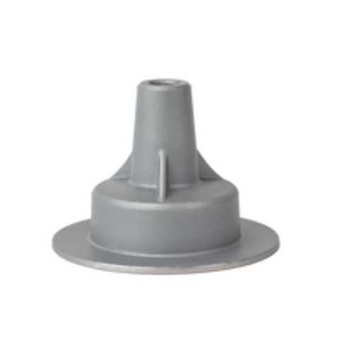 Um item de plástico cinza com um furo no meio em um fundo branco.