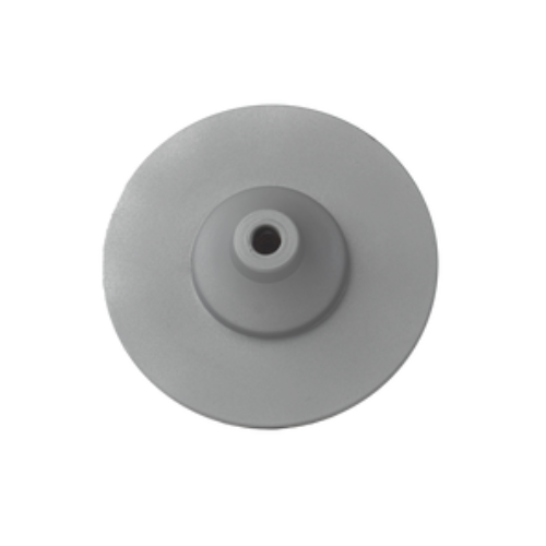 Um círculo cinza com um buraco no meio em um fundo branco.