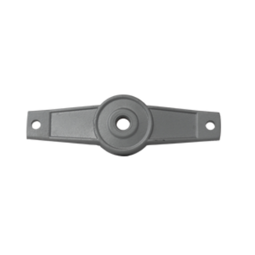 Um suporte de plástico cinza com um furo no meio em um fundo branco.