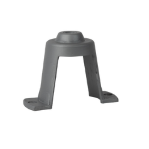 Um suporte de plástico cinza com um furo no meio em um fundo branco.