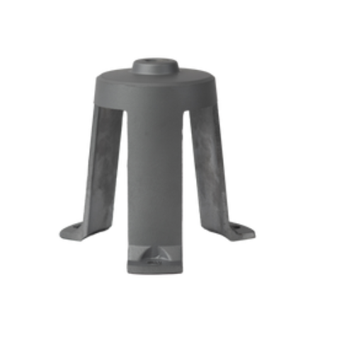 Um objeto de plástico cinza com um furo no meio em um fundo branco